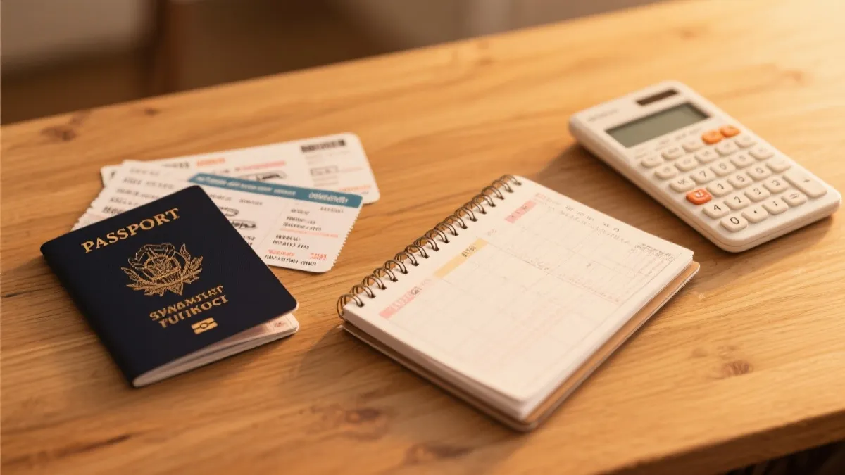 桌面上的预算表与旅行物品，体现世界杯出行的个人财务规划